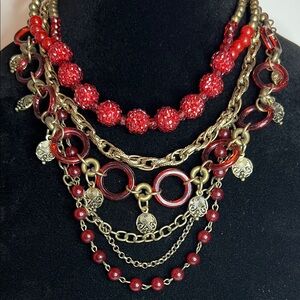 Zevar by Treska Boho Gypsy Red & Gold Hues Multi-strand   Bead & Charm Necklace